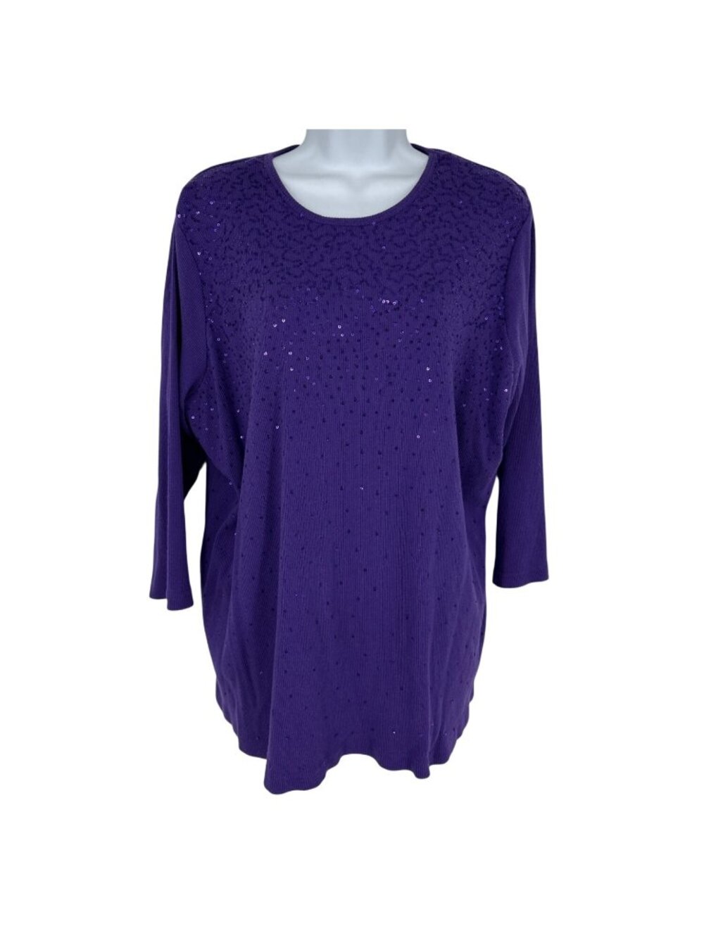 Quacker Factory Purple Sequins 3/4 Sleeve Scoop Neckline Top Size XL